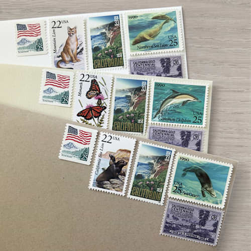 This is a green stamps by Kristen Melchor called $1.11 . california vintage postage stamps . set of 5 in standard