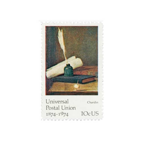This is a brown stamps by Flourish Fine Writing called 10 cent universal postal union quill & ink postage stamps // set of 10 // unused in standard
