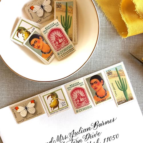 This is a multicolorassorted-colors stamps by Heritage Post House called mexico vintage postage set | wedding stamps | each set will mail a 1 oz letter | 10 sets (50 stamps total) in standard