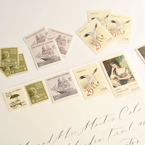 This is a green stamps by Flourish Fine Writing called green and neutral art and gardens postage set // set of 5 // $.965 in postage in standard