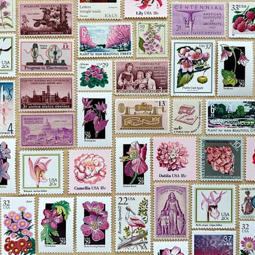 This is a pink stamps by Kristen Melchor called 82 cents . pink vintage postage stamp variety pack . set of 5 in standard