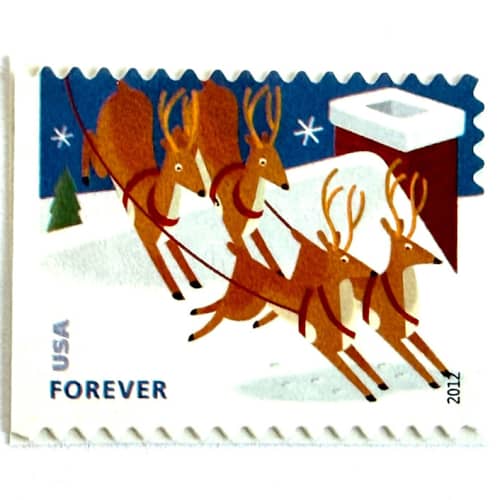 This is a red stamps by Heritage Post House called reindeer over roof postage stamps | santa and sleigh set | christmas holiday stamps | unused usps forever stamp | pack of 10 in standard
