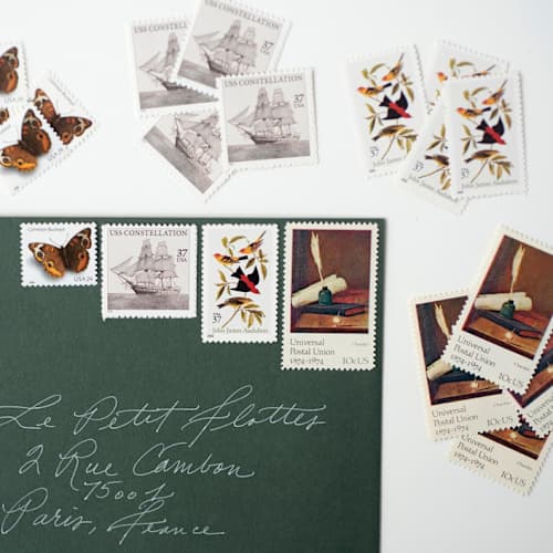 This is a brown stamps by Flourish Fine Writing called neutral and brown birds and ships postage set // $1.08 // set of 5 // 2 ounce envelope in standard