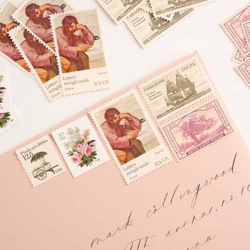 This is a pink stamps by Flourish Fine Writing called blush and neutral vintage postage set // set of 5 // 82.5 cents in postage in standard