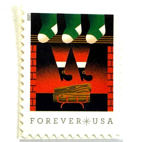 This is a red stamps by Heritage Post House called santa descending chimney postage stamps | a visit from st. nick set | christmas holiday stamps | unused usps forever stamp | pack of 10 in standard