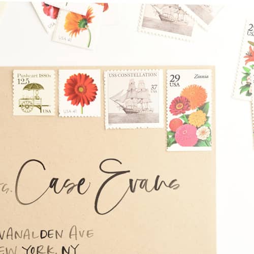 This is a orange stamps by Flourish Fine Writing called fall botanical and pushcart vintage postage set // set of 5 // $1.195 in postage per set in standard