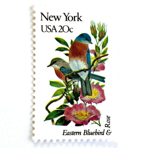 This is a blue stamps by Heritage Post House called new york postage stamps | state bird and flower issue | eastern bluebird & rose | vintage unused usps postage 20c | pack of 10 in standard