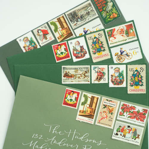 This is a red stamps by Flourish Fine Writing called classic holiday postage set // grab bag style // $.82 per envelope // set of 5 in standard