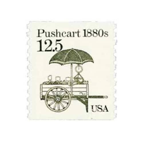 This is a beige stamps by Flourish Fine Writing called 12.5 cent pushcart postage stamps // set of 10 // unused vintage stamps in standard
