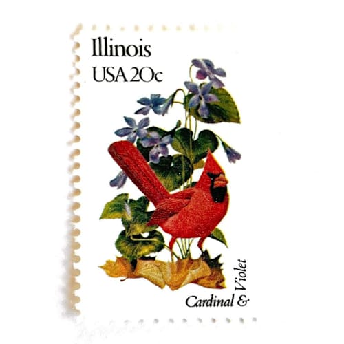 This is a red stamps by Heritage Post House called illinois postage stamps | state bird and flower issue | cardinal & violet | vintage unused usps postage 20c | pack of 10 in standard