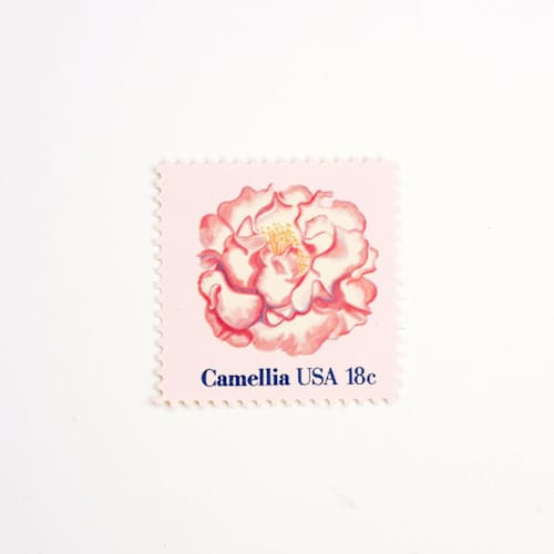 This is a pink stamps by Flourish Fine Writing called 18 cent camellia postage stamps // set of 10 // unused in standard