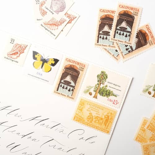 This is a yellow stamps by Flourish Fine Writing called meet us on the coast postage set // set of 5 // $1.73 in postage per set in standard