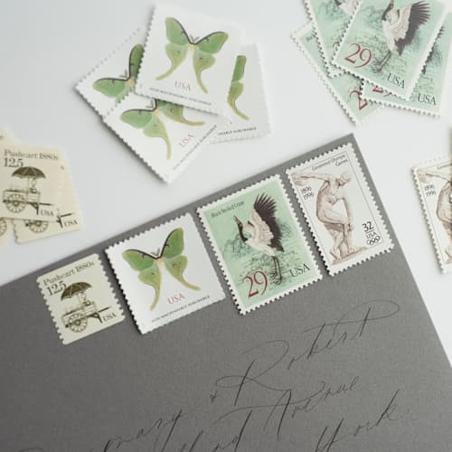 This is a green stamps by Flourish Fine Writing called the conservatory postage set // set of 5 // $2.045 in postage per set in standard