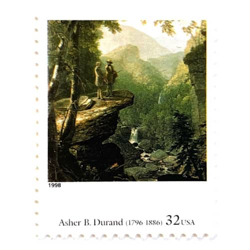 This is a green stamps by Heritage Post House called asher b. durand's kindred spirits postage stamps | four centuries of american art series | wedding stamps | vintage unused usps postage 32c | pack of 10 in standard