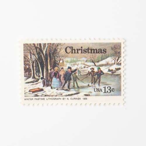 This is a gray stamps by Flourish Fine Writing called 13 cent winter pastime postage stamps // set of 10 // unused holiday postage in standard