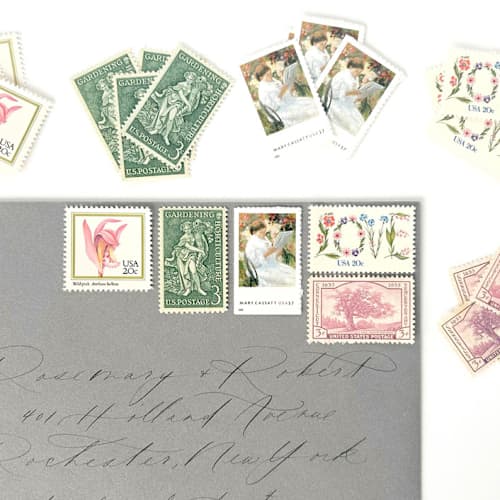 This is a pink stamps by Flourish Fine Writing called the secret garden postage set // set of 5 // $.83 in postage per set in standard
