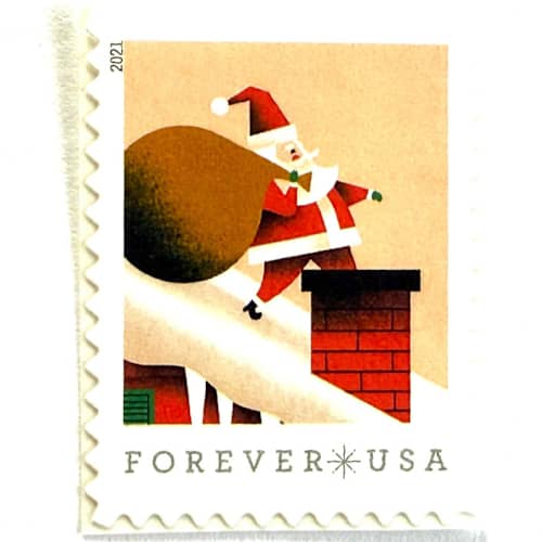 This is a pink stamps by Heritage Post House called santa claus on roof postage stamps | a visit from st. nick set | christmas holiday stamps | unused usps forever stamp | pack of 10 in standard