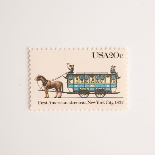 This is a blue stamps by Flourish Fine Writing called 20 cent first american streetcar, new york city, 1832 postage stamps // set of 10 // unused postage stamps in standard