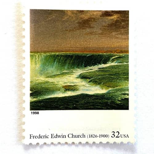 This is a green stamps by Heritage Post House called frederic edwin church's niagara postage stamps | four centuries of american art series | wedding stamps | vintage unused usps postage 32c | pack of 10 in standard