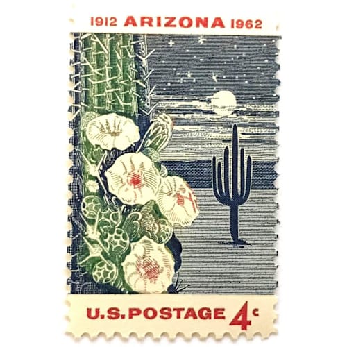 This is a blue stamps by Heritage Post House called arizona statehood postage stamps | statehood issue | saguaro cactus | wedding stamps | vintage unused usps postage 4c | pack of 20 in standard
