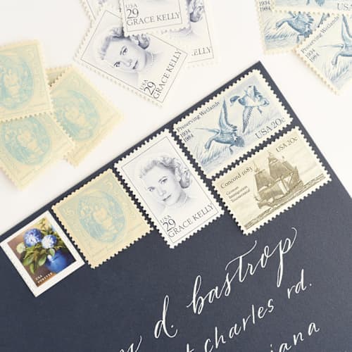 This is a blue stamps by Flourish Fine Writing called blue hydrangea and grace kelly postage stamp set // set of 5 // $1.52 in postage in standard