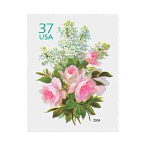 This is a pink stamps by Flourish Fine Writing called 37 cent pink rose and white lilac garden bouquet postage stamps // set of 10 // unused vintage stamps in standard