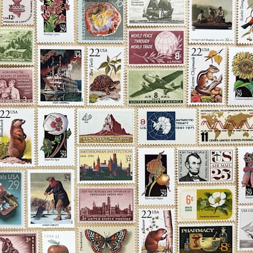 This is a multicolor stamps by Kristen Melchor called $1.11 . autumn vintage postage stamp variety pack . set of 5 in standard