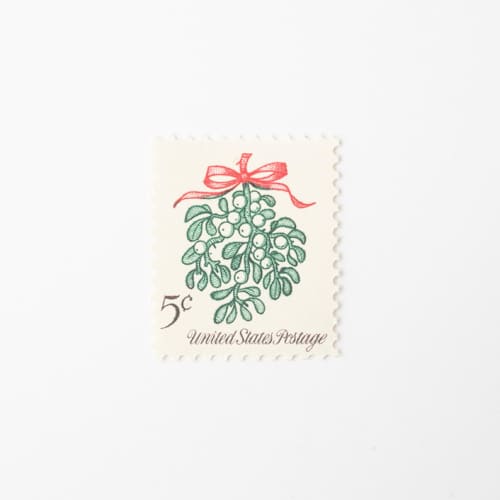 This is a green stamps by Flourish Fine Writing called 5 cent christmas mistletoe stamps // set of 10 // unused vintage stamps in standard