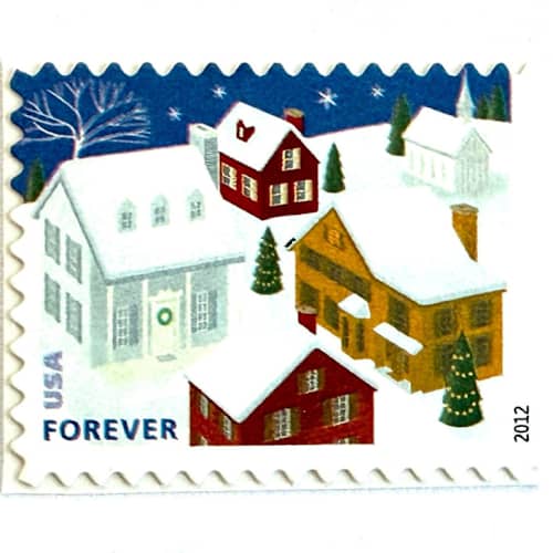 This is a white stamps by Heritage Post House called snow-covered roofs postage stamps | santa and sleigh set | christmas holiday stamps | unused usps forever stamp | pack of 10 in standard