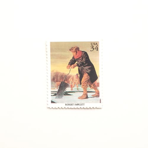 This is a brown stamps by Flourish Fine Writing called 34 cent american illustrator robert fawcett, "hunter's heaven" postage stamps // set of 5 // unused vintage stamps in standard