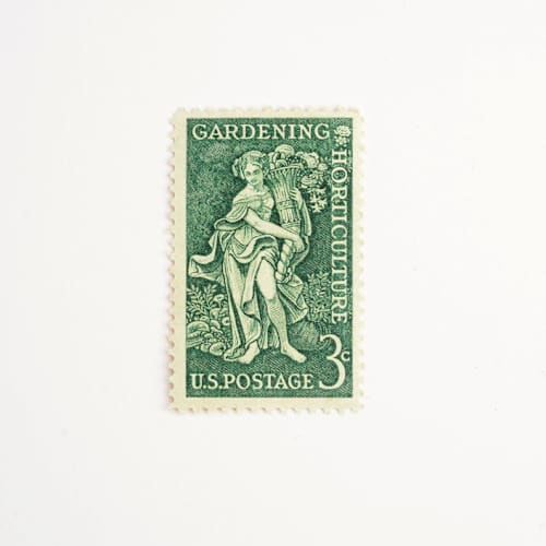 This is a green stamps by Flourish Fine Writing called 3 cent gardening postage stamp // set of 10 // unused vintage postage in standard