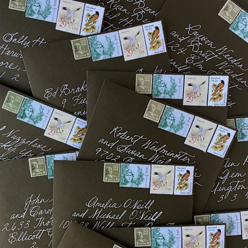 This is a multicolorassorted-colors stamps by Flourish Fine Writing called custom postage set (current + vintage stamps) // set of 10 // $2.17 in postage in standard