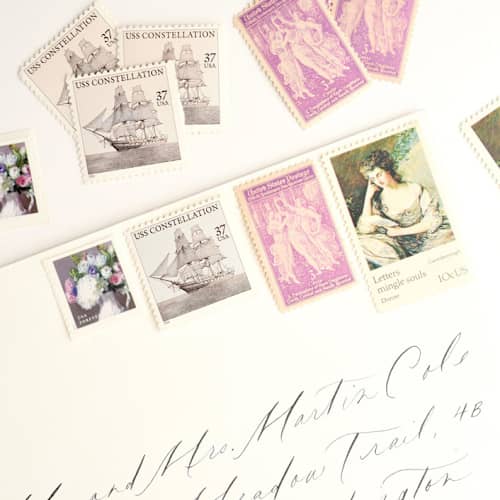 This is a purple stamps by Flourish Fine Writing called lavender and green romantic old world postage stamp set // set of 5 // $1.28 in postage in standard