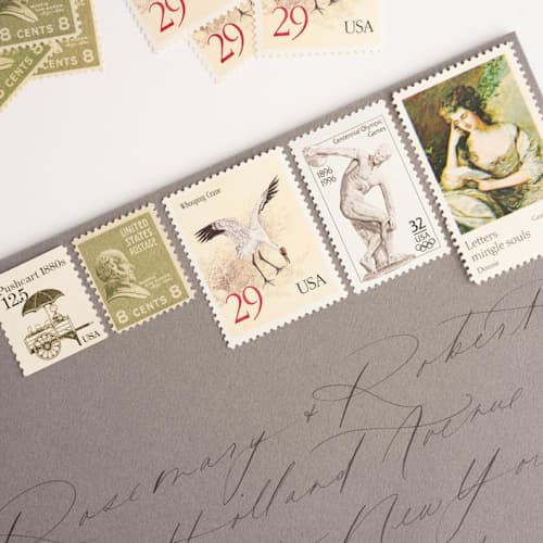 This is a green stamps by Flourish Fine Writing called vintage english garden postage set // set of 5 // $.91.5 in postage in standard