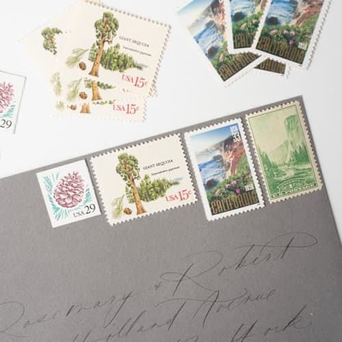 This is a green stamps by Flourish Fine Writing called golden state postage set // set of 5 // $.78 in postage per set in standard