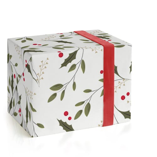 This is a crimson wrapping paper by Susan Moyal called holly & vines in standard