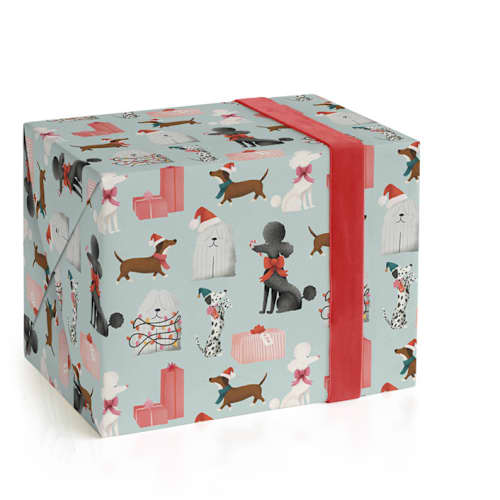 This is a sky blue wrapping paper by Ana Peake called bark! the herald angel sing in standard