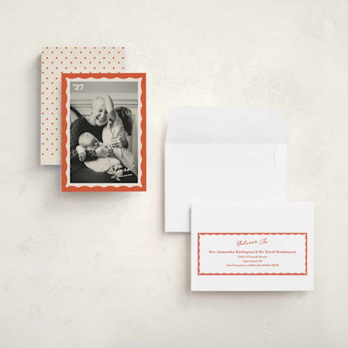 This is a hibiscus holiday photo cards with standard by Creo Study called squiggle frame printing on signature in grand