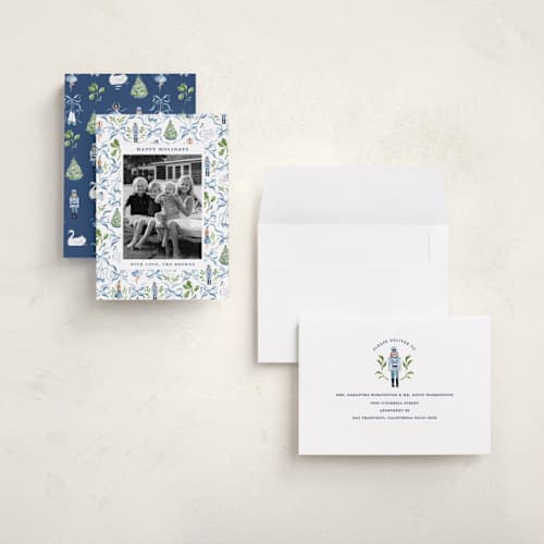 This is a blue ribbon holiday photo cards with standard by Sarah Knight called nutcracker ribbons printing on recycled smooth signature in grand