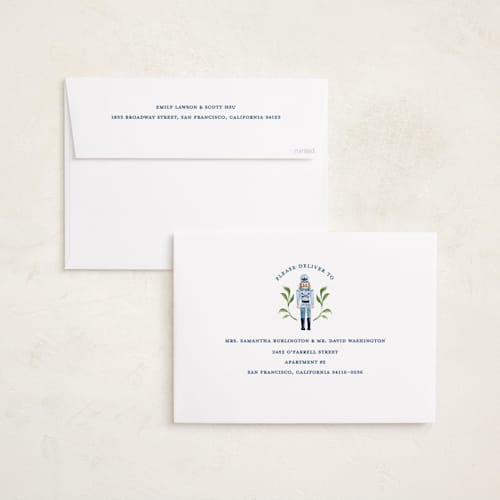 This is a blue ribbon holiday photo cards with standard by Sarah Knight called nutcracker ribbons printing on recycled smooth signature in grand
