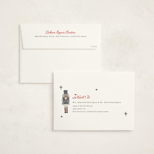 This is a blue spruce holiday photo cards with standard by Cass Loh called nutcracker wishes printing on signature in grand