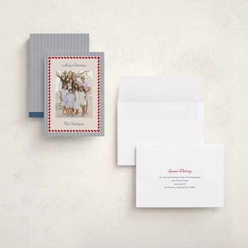 This is a navy holiday photo cards with standard by Kelly Schmidt called vintage border printing on recycled smooth signature in grand