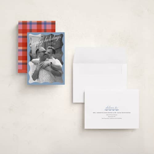 This is a cornflower holiday photo cards with standard by Carrie Moradi called chalet trim printing on signature in grand