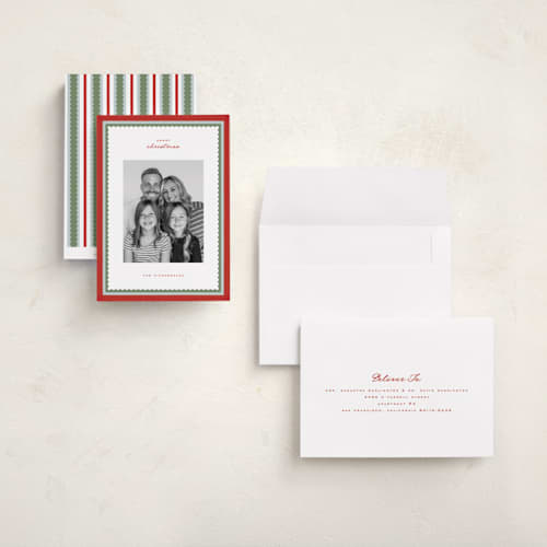This is a cranberry holiday photo cards with standard by Wildfield Paper Co called holly berrie printing on signature in grand