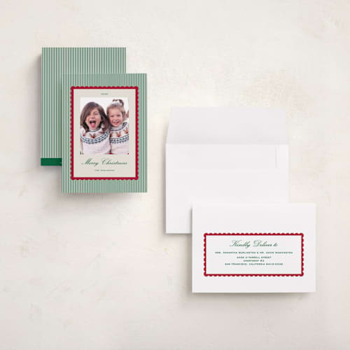 This is a holly holiday photo cards with standard by Emily Betts called stripe scallop printing on signature in grand