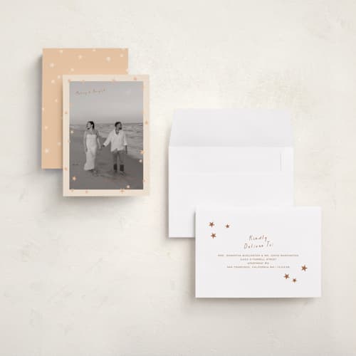 This is a butterscotch holiday photo cards with standard by Lisa McLean called shine bright printing on signature in grand