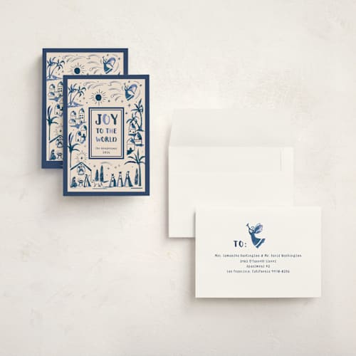 This is a blue jay holiday photo cards with standard by Teju Reval called painted nativity printing on signature in grand
