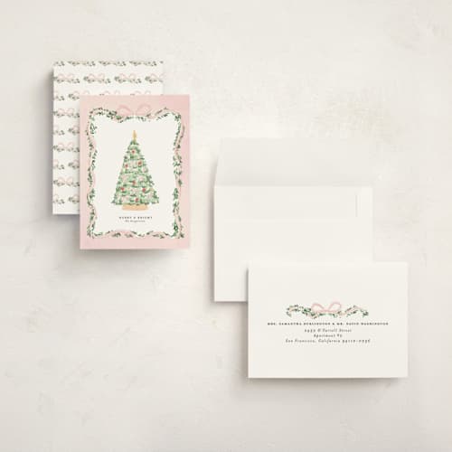 This is a blush holiday photo cards with standard by Itsy Belle Studio called vintage bow tree printing on signature in grand