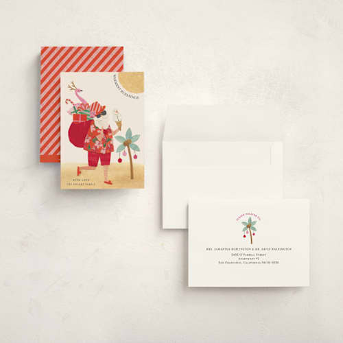 This is a hibiscus holiday photo cards with standard by Sarah Knight called beach santa printing on signature in grand
