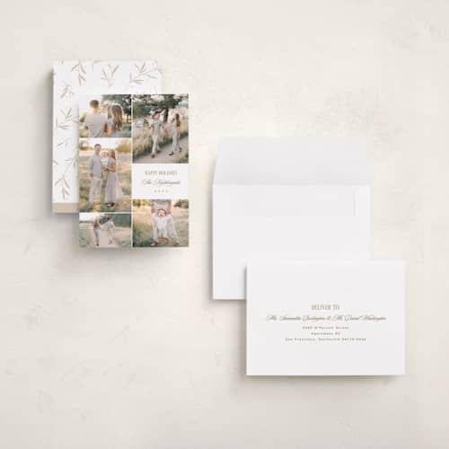 This is a champagne holiday photo cards with standard by Kelly Schmidt called minimal five printing on signature in grand